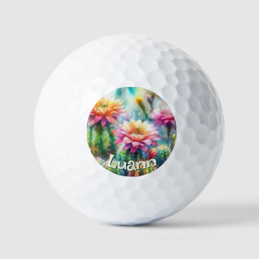 Watercolor Flowering Succulent Cacti Personalized Golfball (Vorderseite)