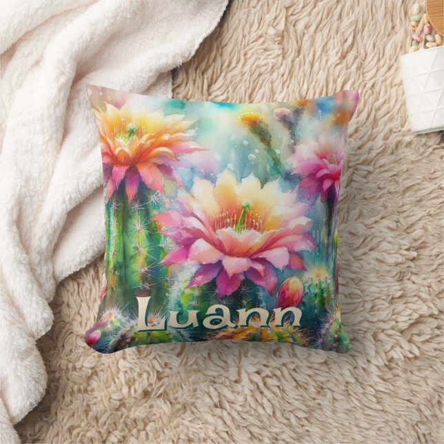 Watercolor Flowering Succulent Cacti Personalized Kissen (Decke)