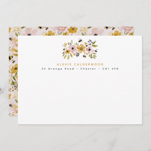 Watercolor Flowers & Bees Personalized Mitteilungskarte (Vorne/Hinten)