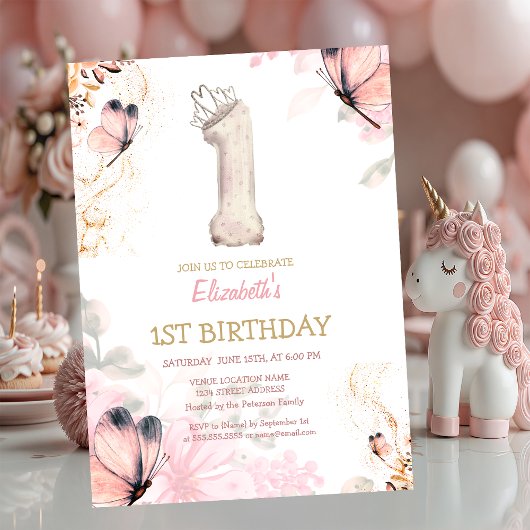 Watercolor Flowers Butterfly Striped 1s Birthday  Einladung