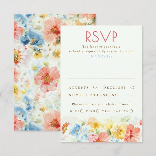 Watercolor Flowers Elegant Wedding RSVP Karte (Vorne/Hinten)