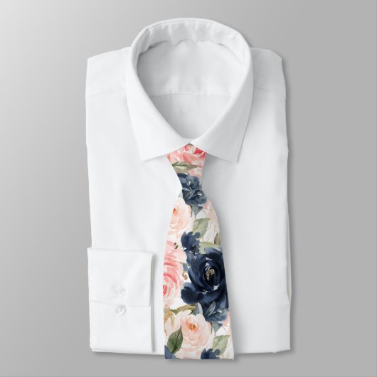 Watercolor Flowers Navy Blue Blush Pink Roses Krawatte (Gebunden)