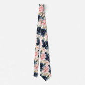 Watercolor Flowers Navy Blue Blush Pink Roses Krawatte (Rückseite)