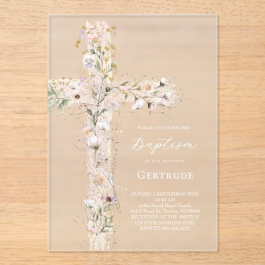 watercolor flowers pink cross Baptism Invitation Acryleinladungen (Vorderseite)