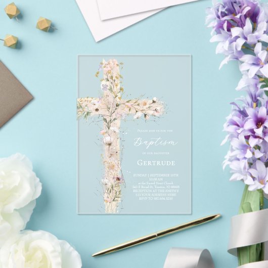 watercolor flowers pink cross Baptism Invitation Acryleinladungen (In Situ (Hochzeit))