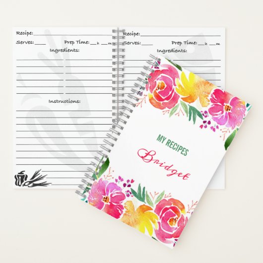 watercolor Flowers Recipes with Name Notizblock (Innen)