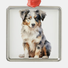 WATERCOLOR FLUFFY AUSTRALISCHER SCHEEPDOG HUND ORNAMENT AUS METALL