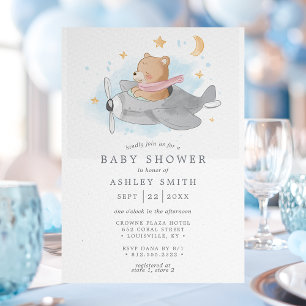 Watercolor-Flugzeug-Bär Süße Jungen-Baby-Party Einladung