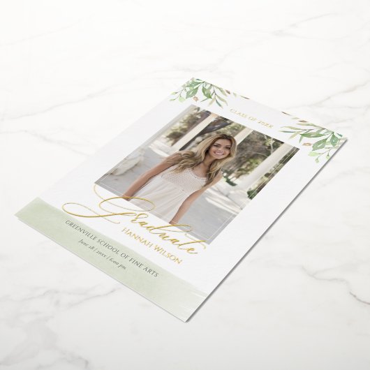 Watercolor Foliage Blätter Script Foto Abschluss Folieneinladung (Gedreht)