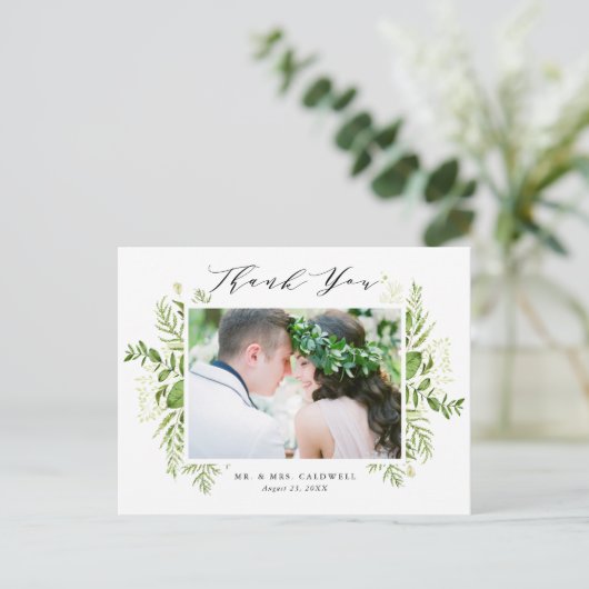 Watercolor Foliage Foto Hochzeit Vielen Dank Postkarte (Stehend Vorderseite)