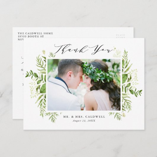 Watercolor Foliage Foto Hochzeit Vielen Dank Postkarte (Vorne/Hinten)