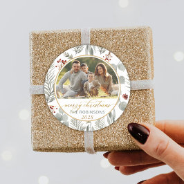 Watercolor Foliage Gold Script Foto Weihnachten Runder Aufkleber