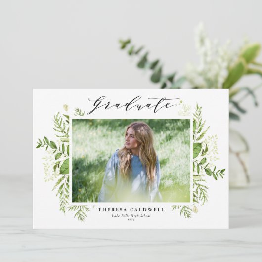 Watercolor Foliage Photo Graduation Invitation Einladung (Stehend Vorderseite)