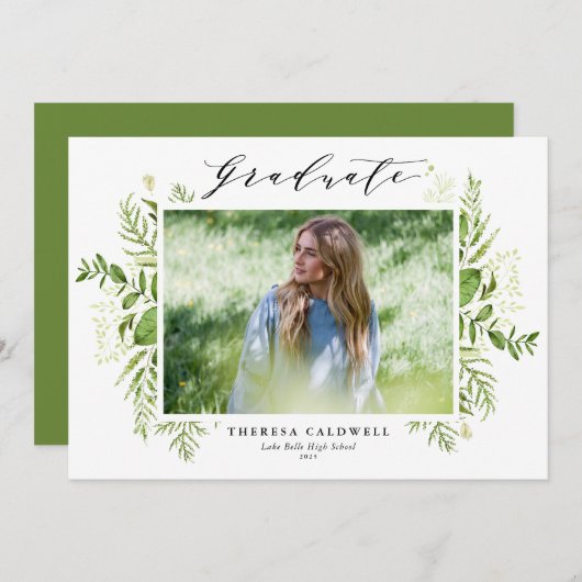 Watercolor Foliage Photo Graduation Invitation Einladung (Vorne/Hinten)