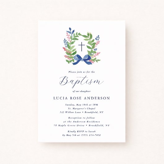 Watercolor Foliage Wreath Blue Bow Baptism Einladung