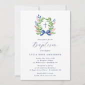 Watercolor Foliage Wreath Blue Bow Baptism Einladung (Vorderseite)