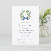 Watercolor Foliage Wreath Blue Bow Baptism Einladung (Stehend Vorderseite)