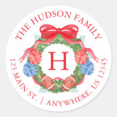 Watercolor Football Christmas Wreath Monogram Runder Aufkleber (Vorderseite)