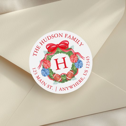 Watercolor Football Christmas Wreath Monogram Runder Aufkleber