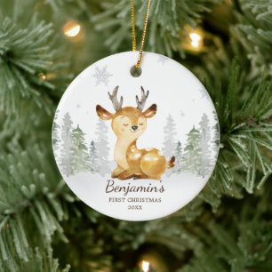 Watercolor Forest Deer Baby's First Christmas Keramik Ornament