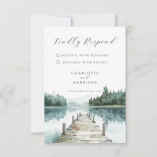 Watercolor Forest Mountain Lake Wedding RSVP Karte (Vorderseite)