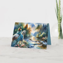 Watercolor Forest River Horsewoman Dreamscape Karte