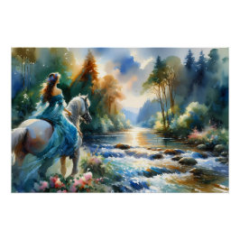 Watercolor Forest River Horsewoman Dreamscape Poster