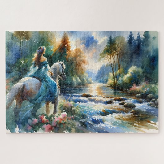 Watercolor Forest River Horsewoman Dreamscape Puzzle (Horizontal)