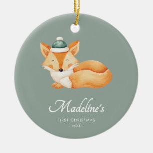 Watercolor Fox Baby First Christmas Green Keramik Ornament