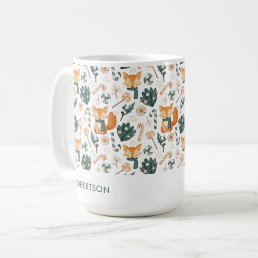 Watercolor Fox Christmas Playful Muster Monogram Kaffeetasse (Vorderseite Links)