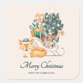 Watercolor Fox Christmas Sleighs Holiday Quadratischer Aufkleber (Vorderseite)