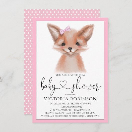 Watercolor Fox Girl Woodland Babydusche Einladung (Vorne/Hinten)