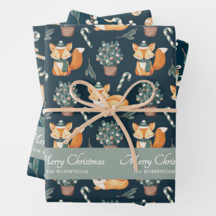 Watercolor Fox Muster Merry Christmas Monogram Geschenkpapier Set