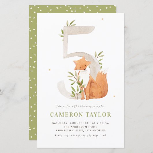 Watercolor Fox Woodland Fifth Birthday Invitation (Vorne/Hinten)