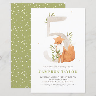 Watercolor Fox Woodland Fifth Birthday Invitation