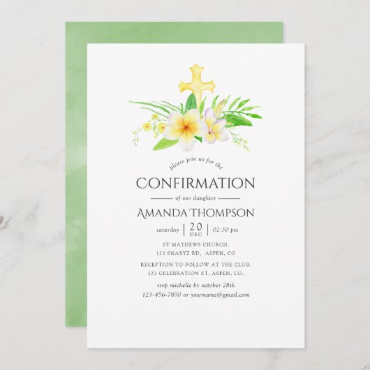 Watercolor-Frangipani-Bestätigung Einladung (Vorne/Hinten)