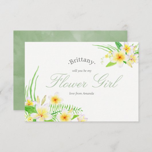 Watercolor Frangipani Wedding Be My Flower Girl Einladung (Vorne/Hinten)