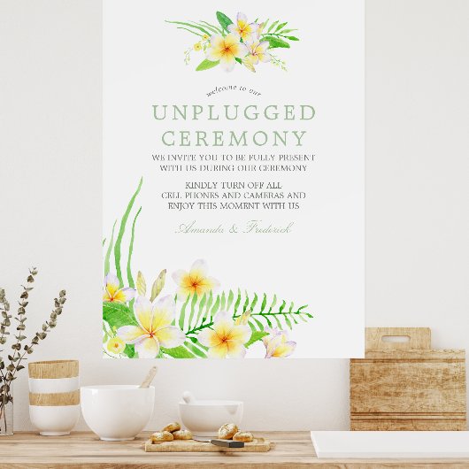 Watercolor Frangipani Wedding Unplugged Zeremonie Poster (Küche)