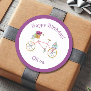 Watercolor Frohe Geburtstag Fahrrad  Runder Aufkleber