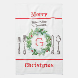 Watercolor Frohe Weihnachten Kranz MONOGRAM Bestec Geschirrtuch