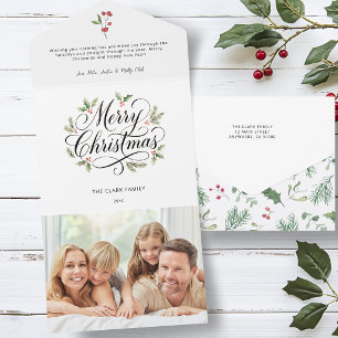 Watercolor Frohe Weihnachten Schrift Botanisch    All In One Einladung