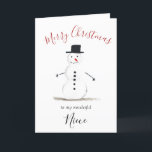Watercolor Frohe Weihnachten Snowman Niece<br><div class="desc">Frohe Weihnachtsscherze. Wasserfarbe,  Schneemann,  Weihnachtsbaum,  kein Foto,  traditionelle Karte. Bitte personalisieren Sie es mit Ihren Daten.</div>