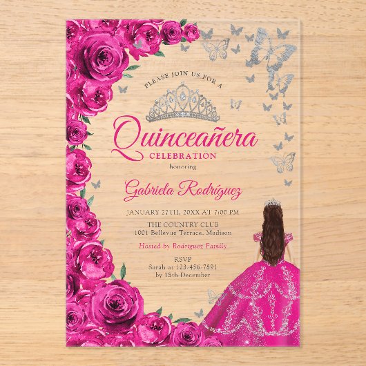 Watercolor Fuchsia Pink Roses Silver Quinceanera Acryleinladungen (Vorderseite)