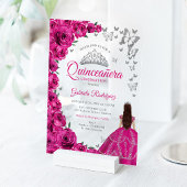 Watercolor Fuchsia Pink Roses Silver Quinceanera Acryleinladungen