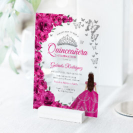 Watercolor Fuchsia Pink Roses Silver Quinceanera Acryleinladungen
