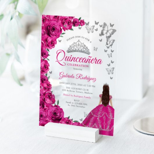 Watercolor Fuchsia Pink Roses Silver Quinceanera Acryleinladungen