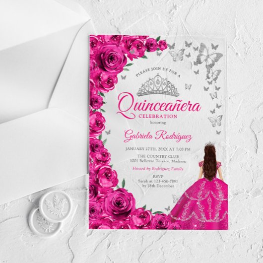 Watercolor Fuchsia Pink Roses Silver Quinceanera Acryleinladungen