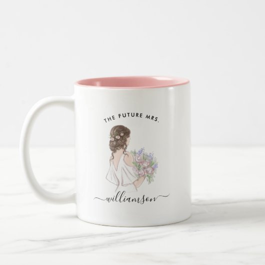 Watercolor Future Frau Bride Name | Monogramm-Tass Zweifarbige Tasse (Links)
