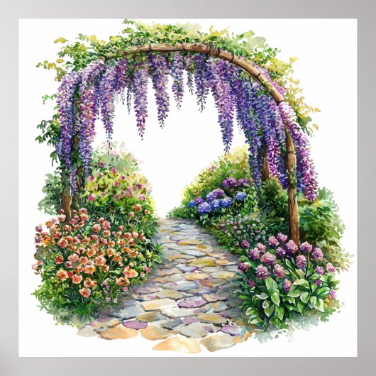 Watercolor Garden Gate Flowery Painting Poster (Vorne)