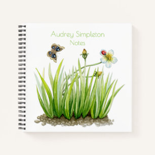 Watercolor-Garten-Blumen-Schmetterling-Gras-Quadra Notizbuch